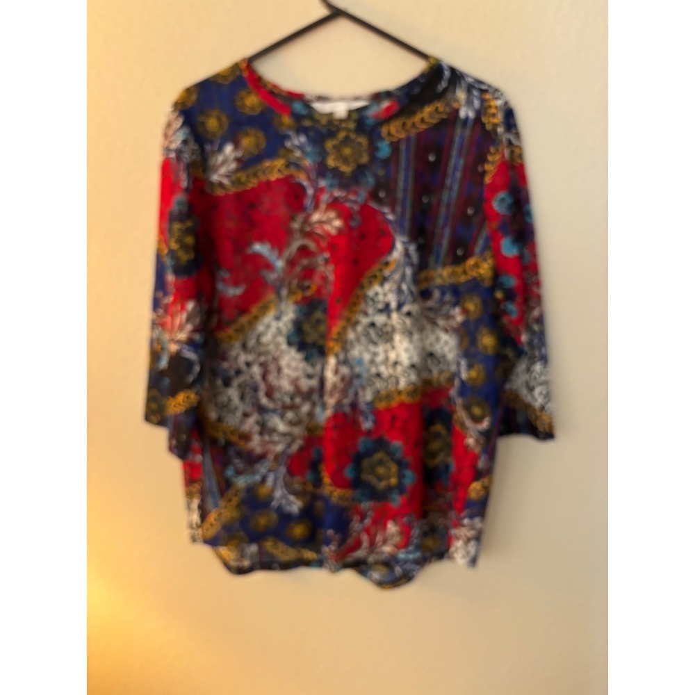 Erin London multi Colored Patchwork Print 3/4 Sleeve Knit Top Red Blue
A1238
